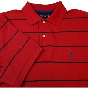 Nautica Polo Shirt Mens Medium Red Striped Performance Deck Shirt Short Sleeve